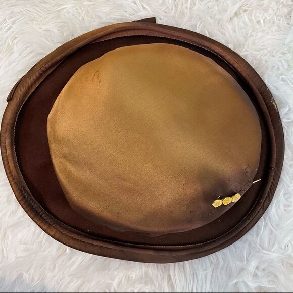 Vintage 1940s Bronze Satin Dish Hat with Golden Cloisonné Hat Pin - Picture 11 of 12
